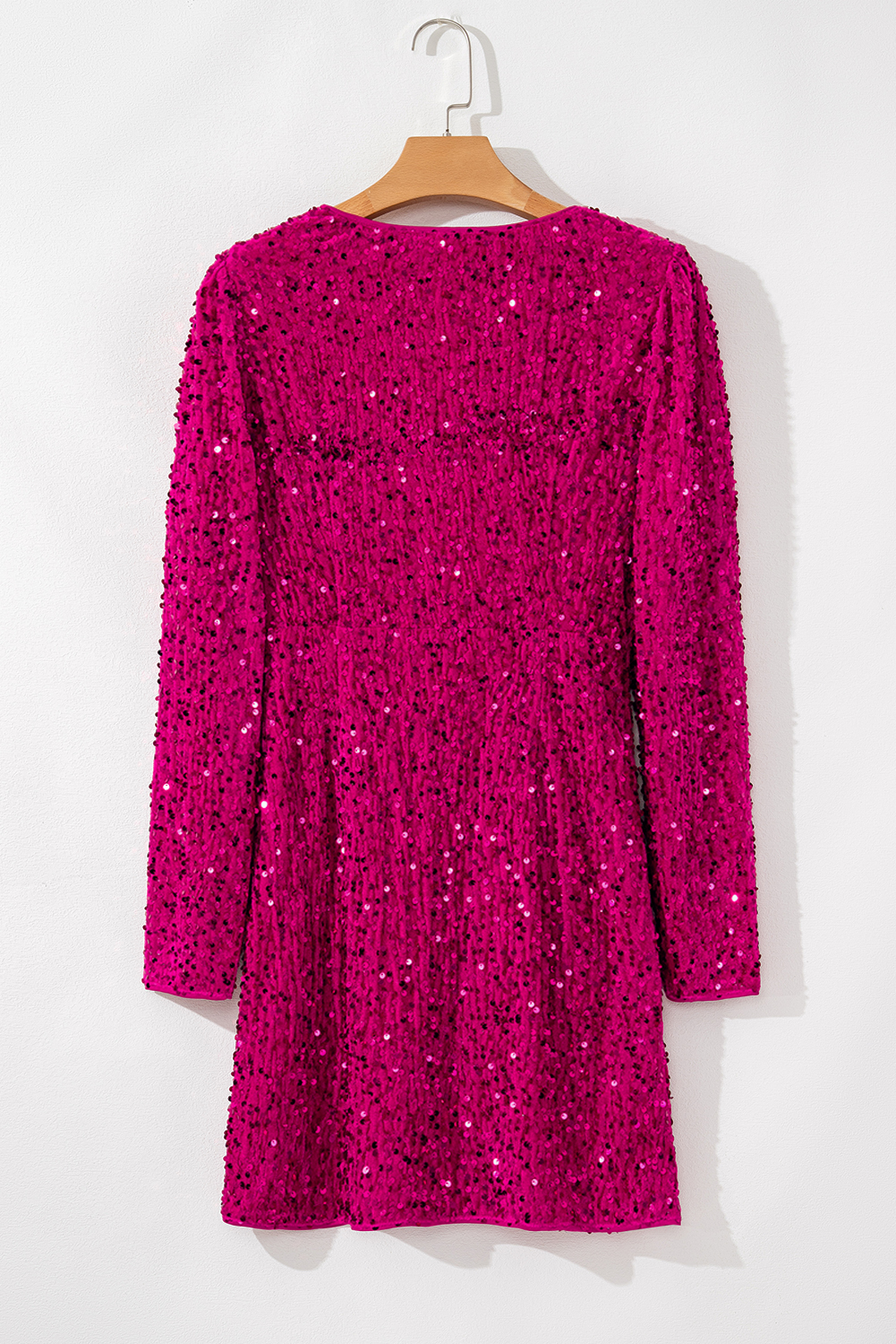 Pitaya Pink Velvet Sequin Long Sleeve V Neck Wrapped Mini Dress view 19