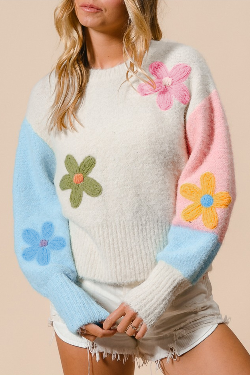 Solid Flower Decor Off Shoulder Sweater