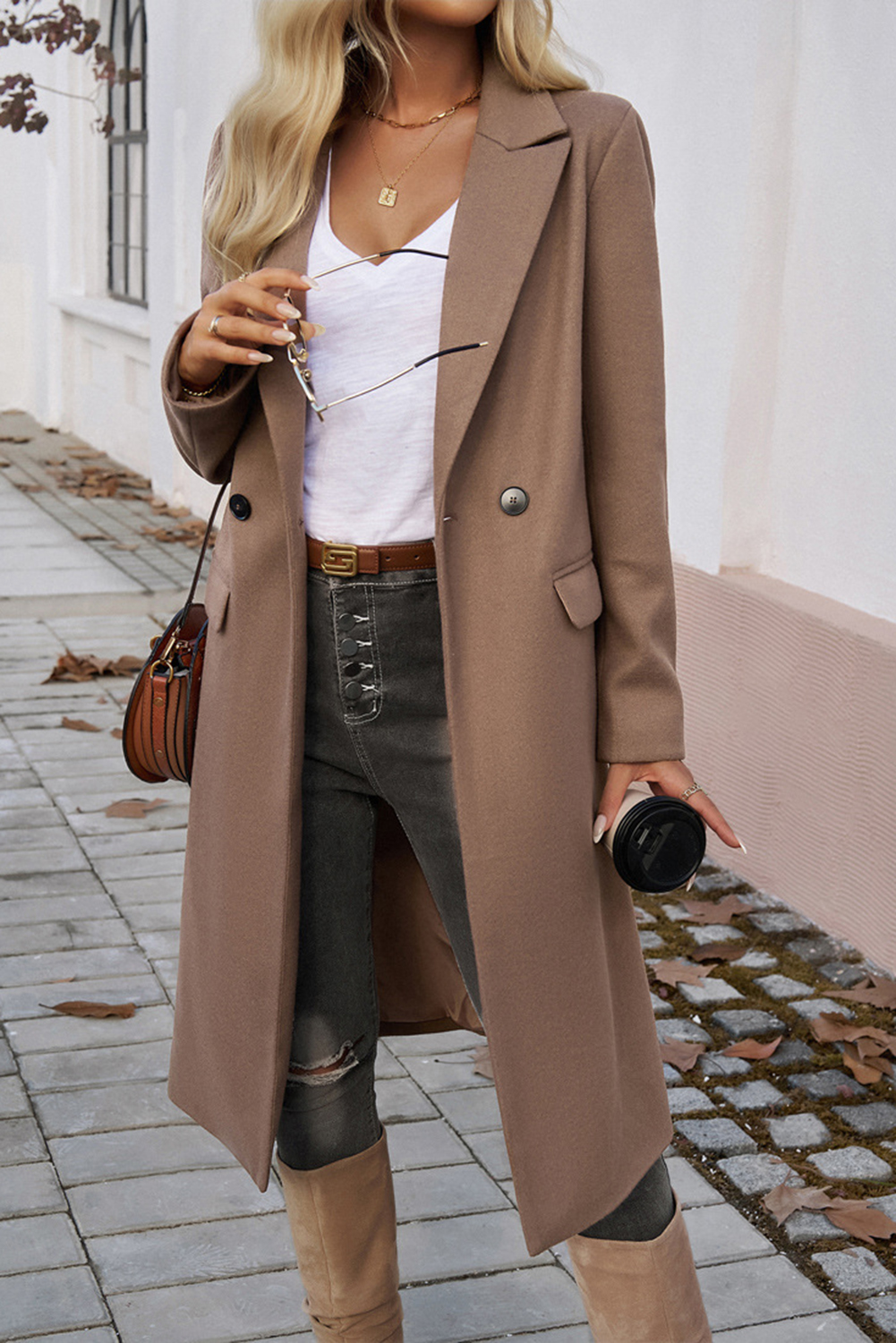 Dark Khaki Single Breasted Lapel Collar Flap Pocketed Overcoat view 6