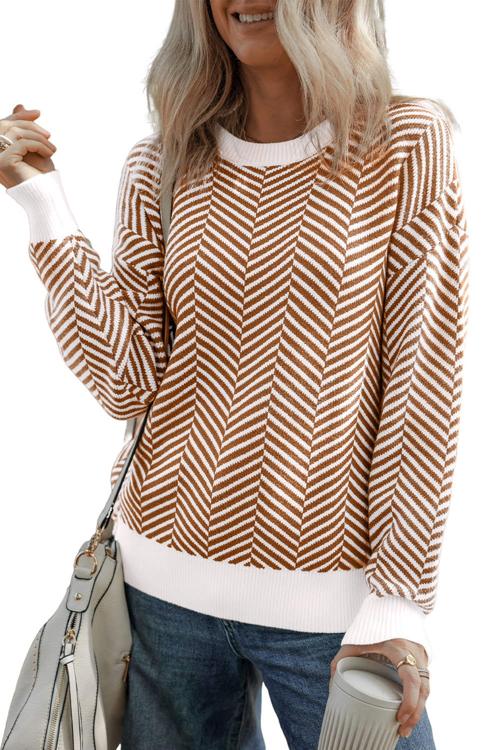 Coffee Contrast Edge Crew Neck Drop Shoulder Sweater view 24