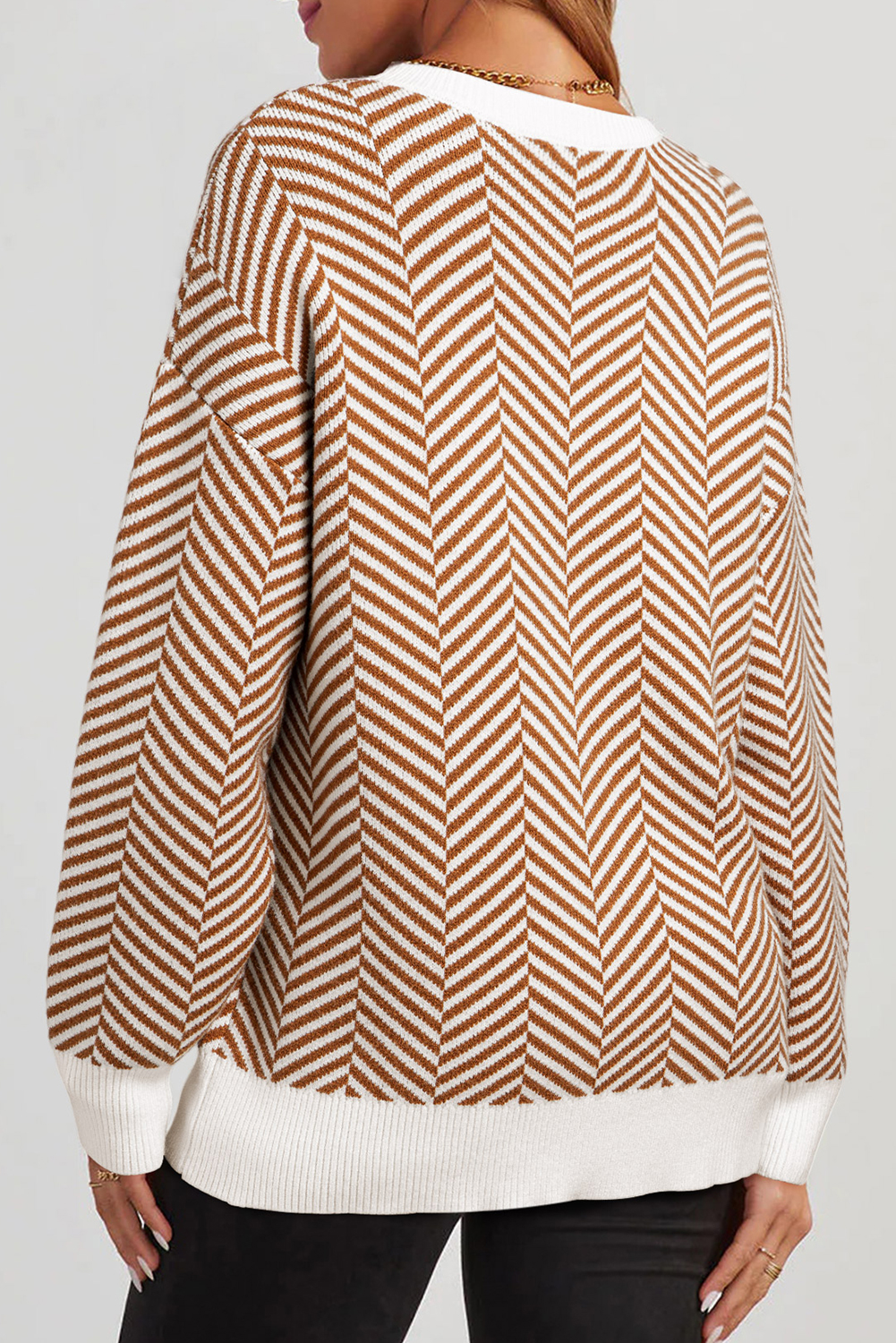 Coffee Contrast Edge Crew Neck Drop Shoulder Sweater view 7