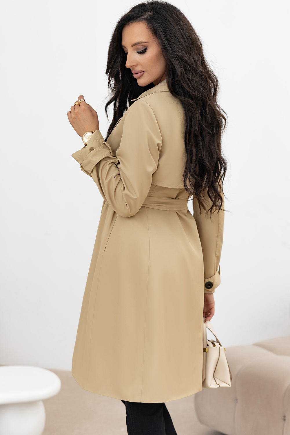 Pale Khaki Solid Color Lapel Collar Waist Tie Wind Coat view 2