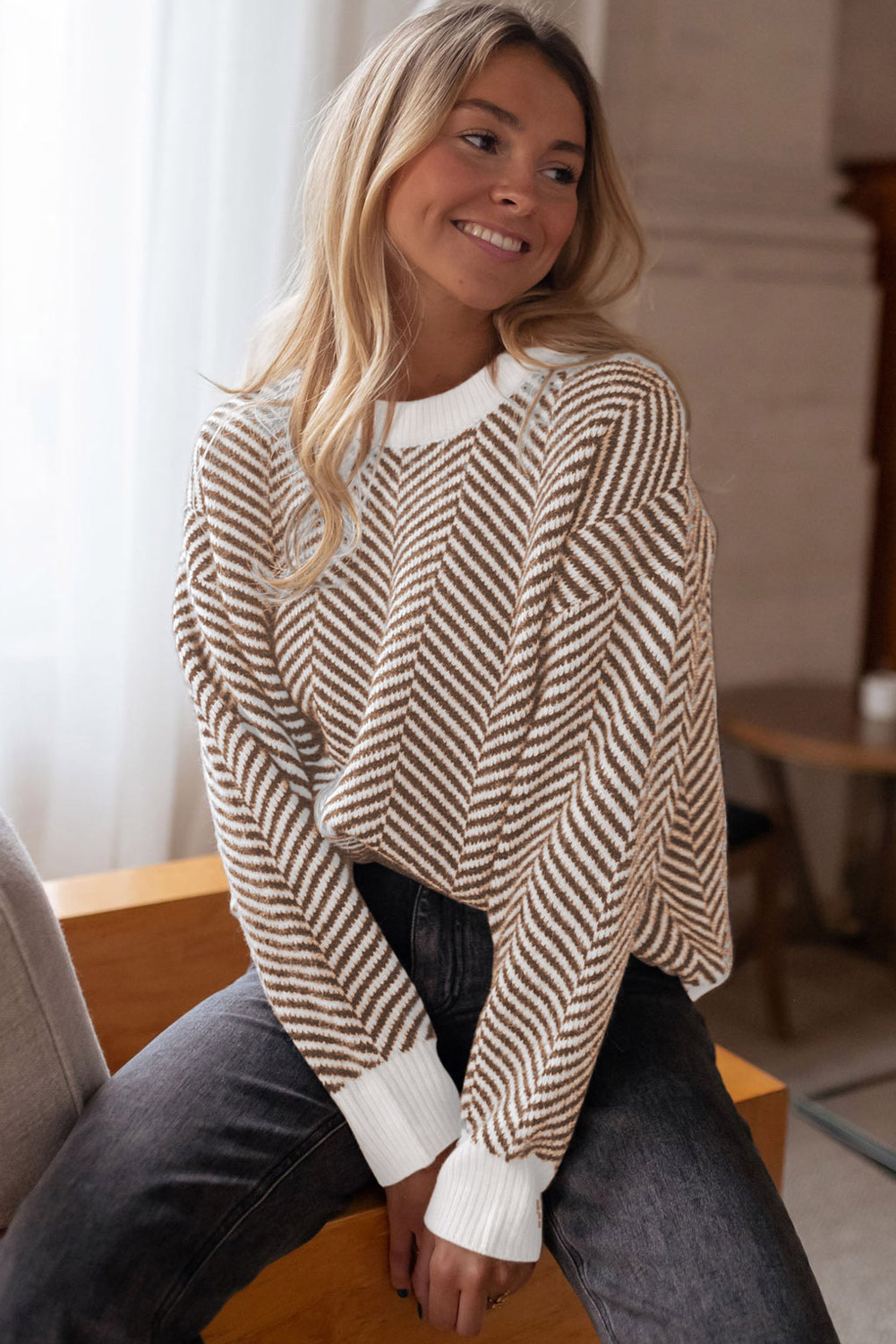 Coffee Contrast Edge Crew Neck Drop Shoulder Sweater view 9