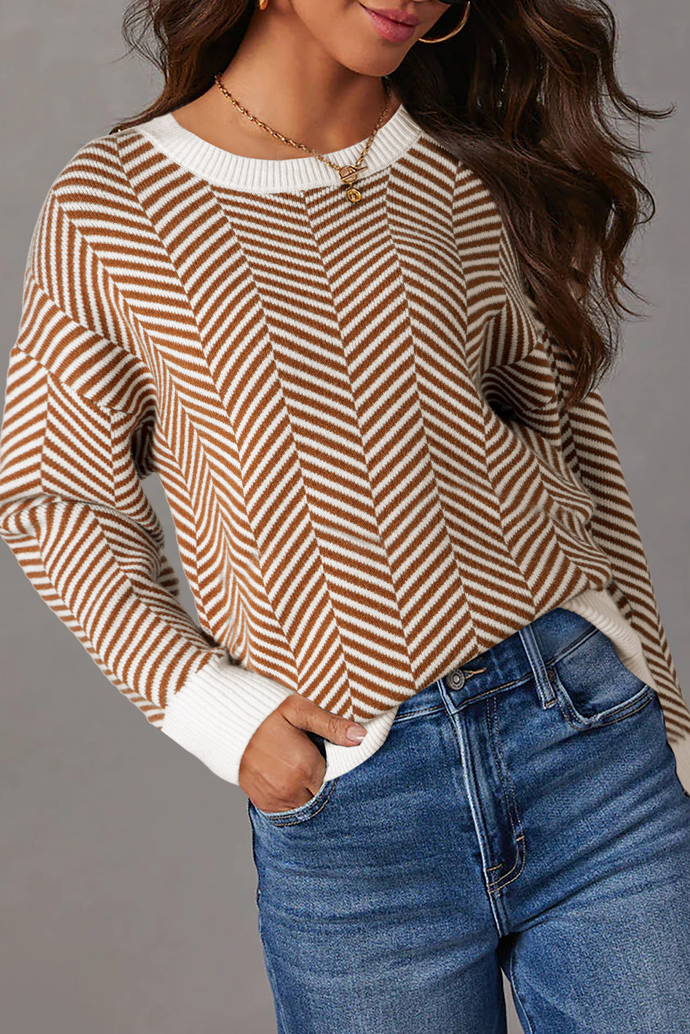 Coffee Contrast Edge Crew Neck Drop Shoulder Sweater view 6