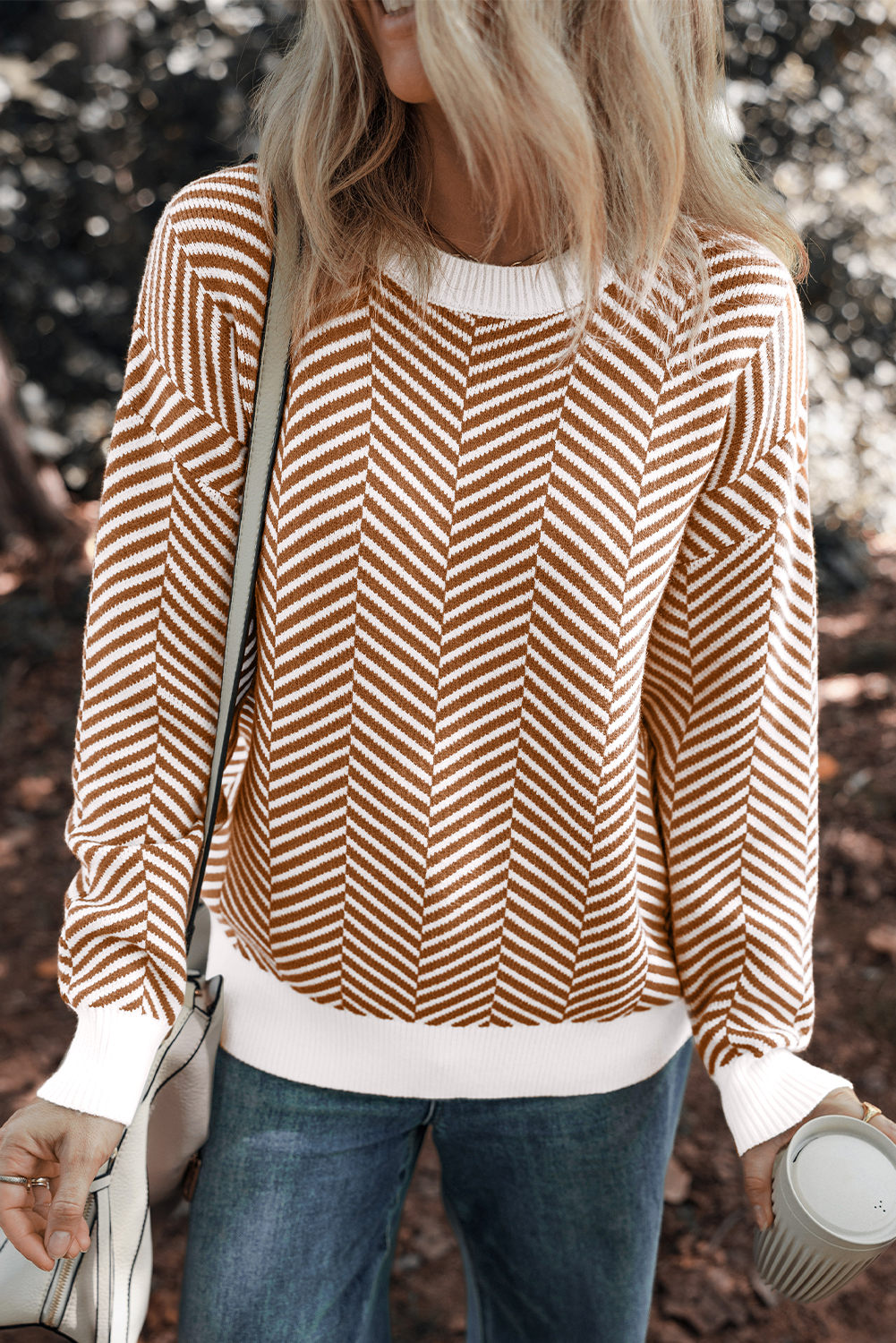 Coffee Contrast Edge Crew Neck Drop Shoulder Sweater view 3