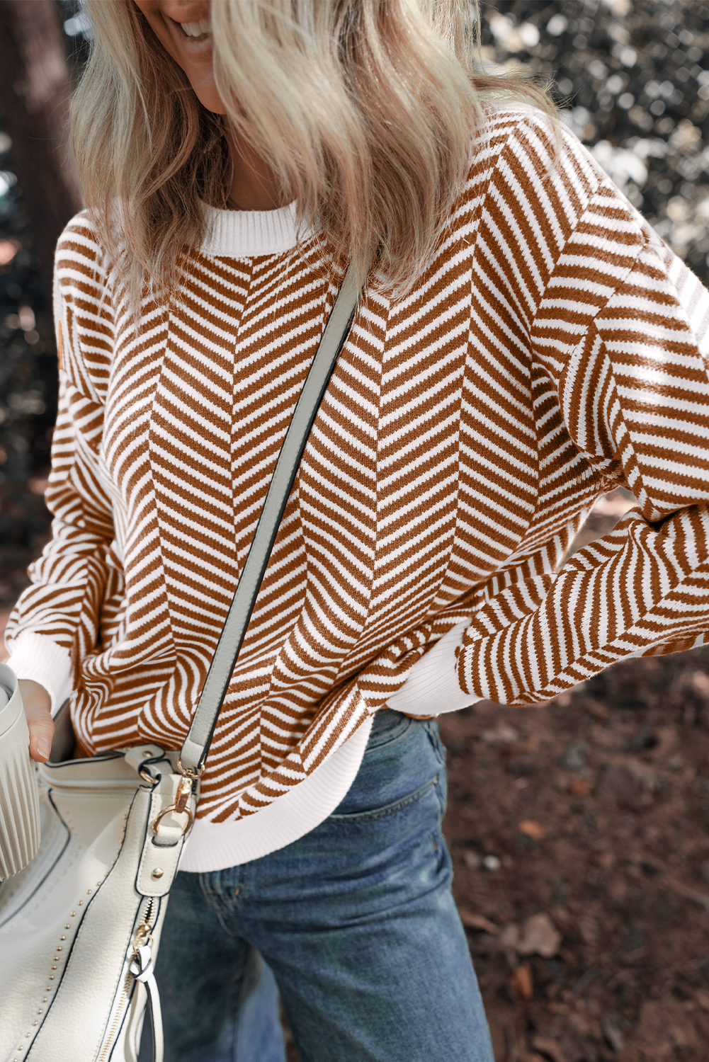 Coffee Contrast Edge Crew Neck Drop Shoulder Sweater view 5