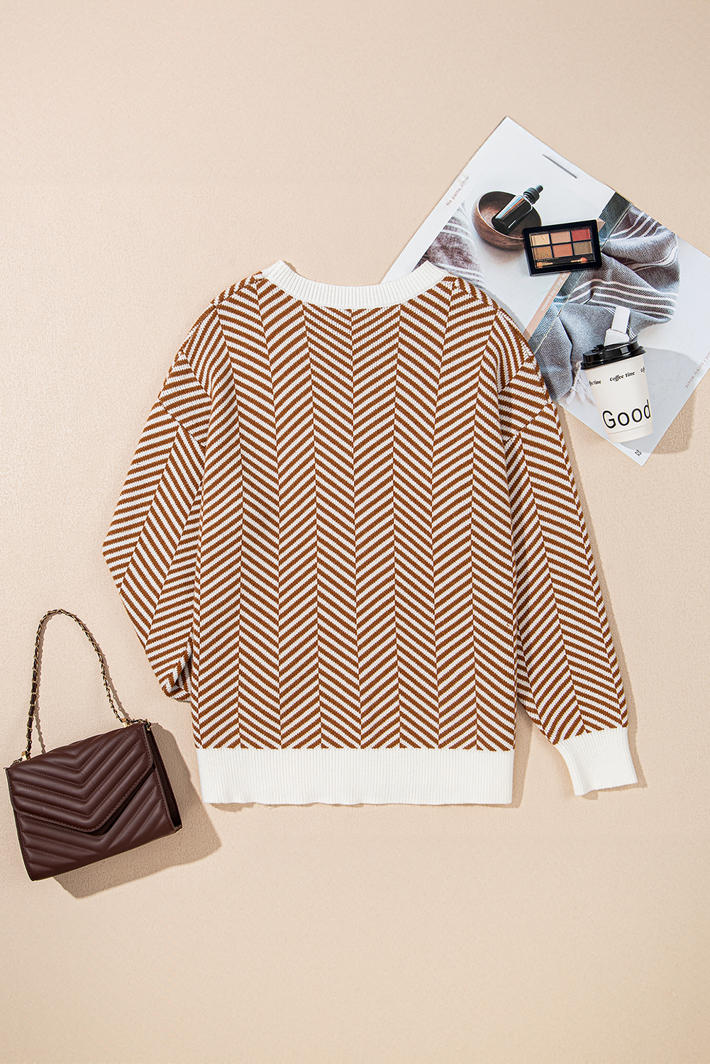 Coffee Contrast Edge Crew Neck Drop Shoulder Sweater view 13