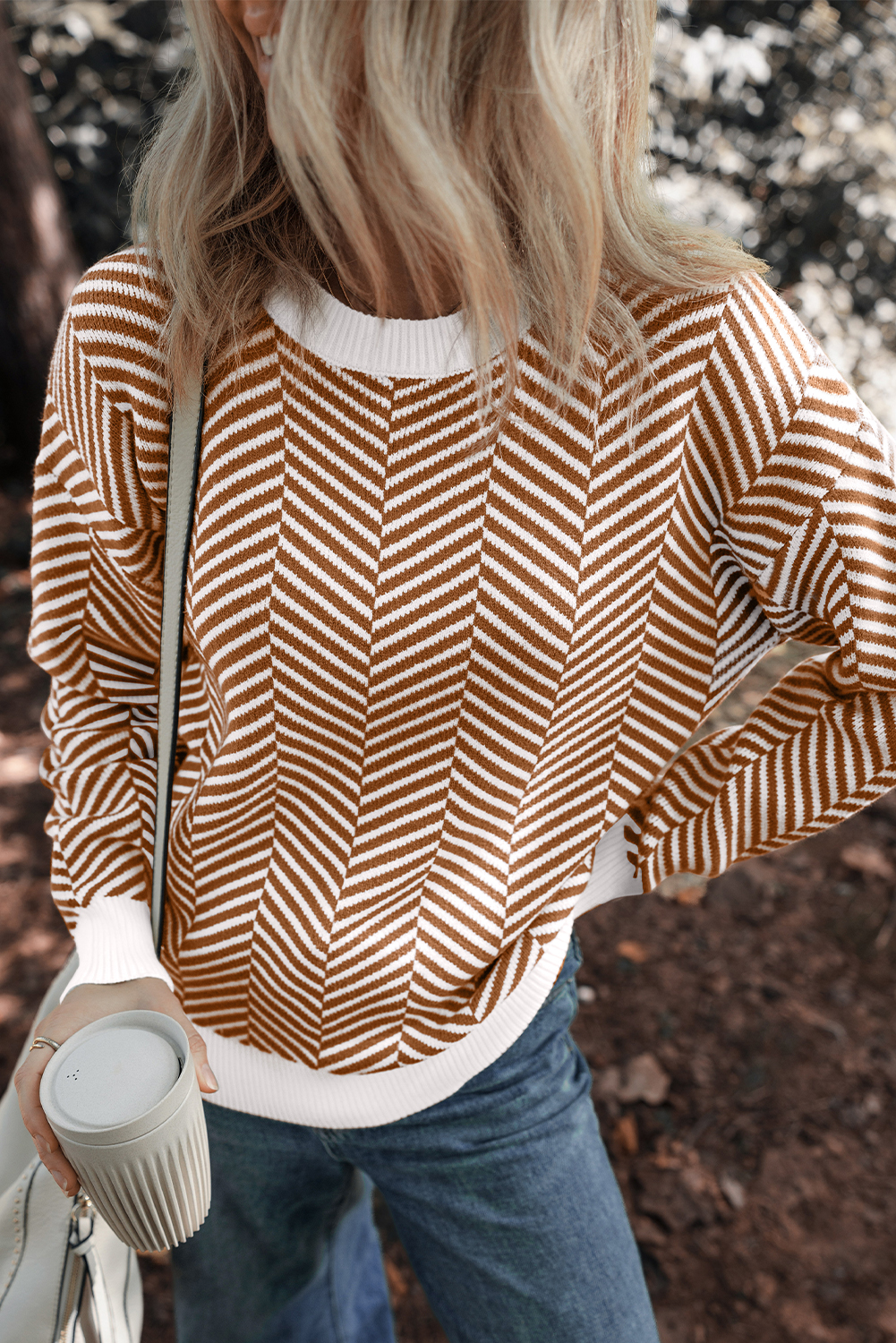 Coffee Contrast Edge Crew Neck Drop Shoulder Sweater view 4