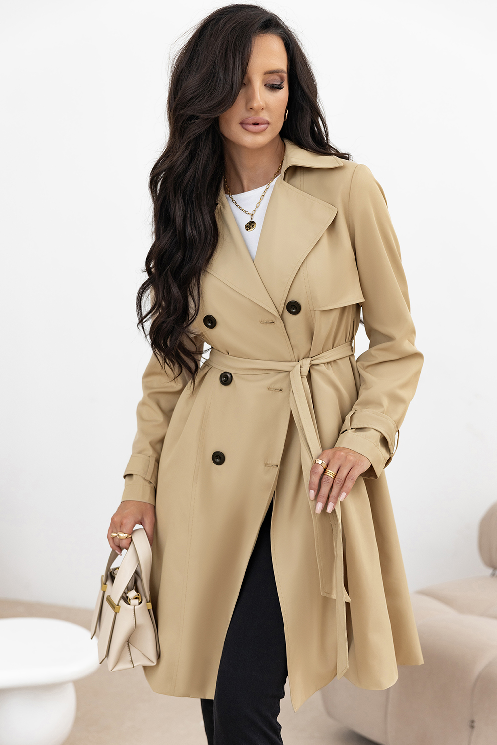 Pale Khaki Solid Color Lapel Collar Waist Tie Wind Coat view 5