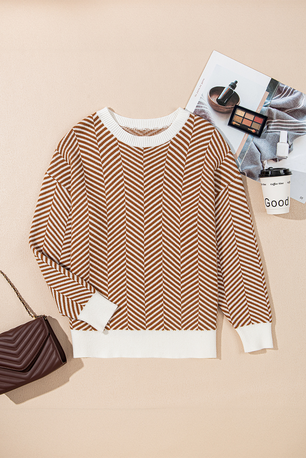 Coffee Contrast Edge Crew Neck Drop Shoulder Sweater view 12