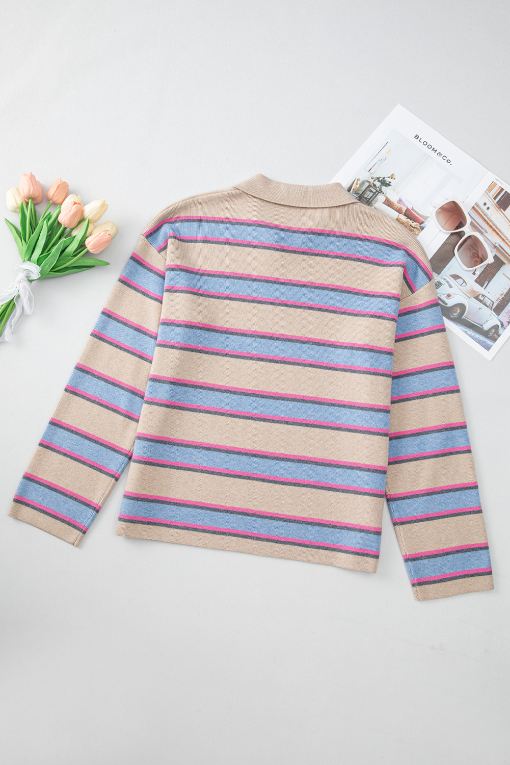 Apricot Stripe Collared V Neck Drop Shoulder Loose Sweater view 14