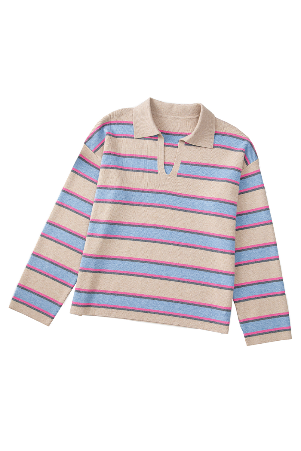 Apricot Stripe Collared V Neck Drop Shoulder Loose Sweater view 23