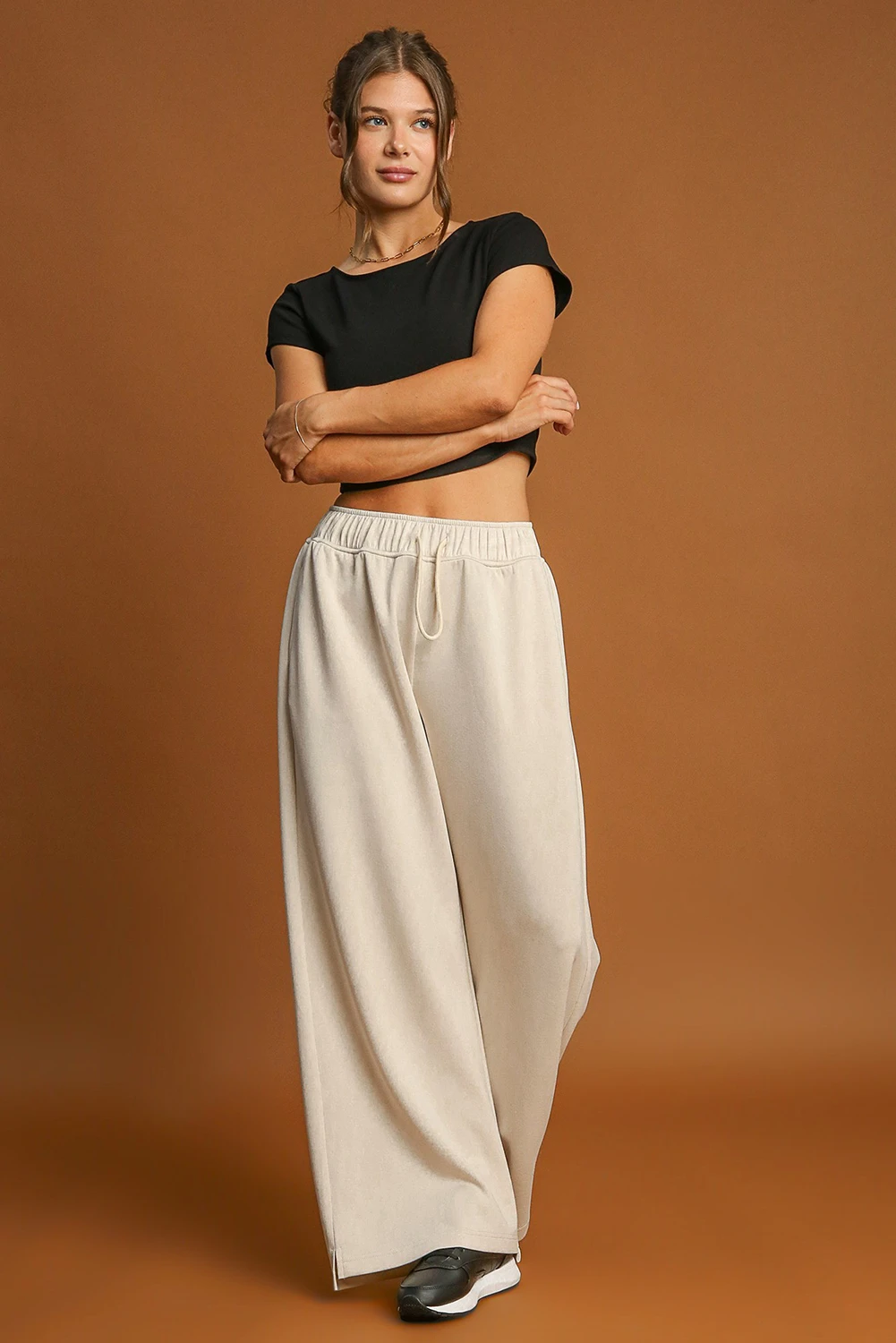 Apricot Loop Drawstring Elastic Waistband Casual Wide Leg Pants view 3