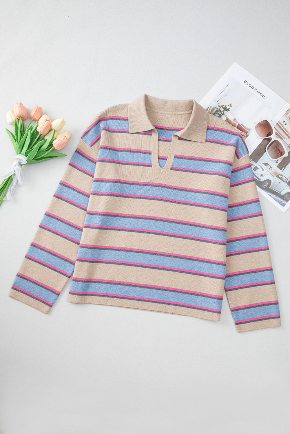Apricot Stripe Collared V Neck Drop Shoulder Loose Sweater view 13