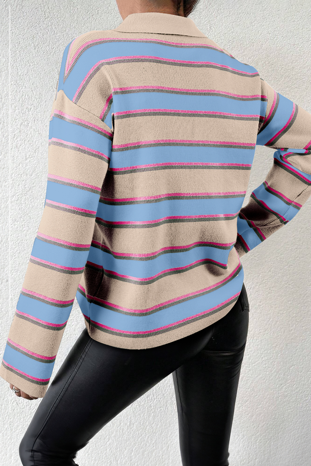 Apricot Stripe Collared V Neck Drop Shoulder Loose Sweater view 2
