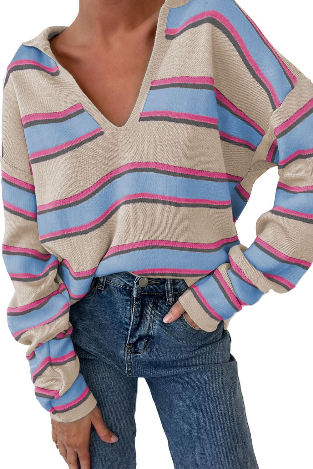 Apricot Stripe Collared V Neck Drop Shoulder Loose Sweater view 22