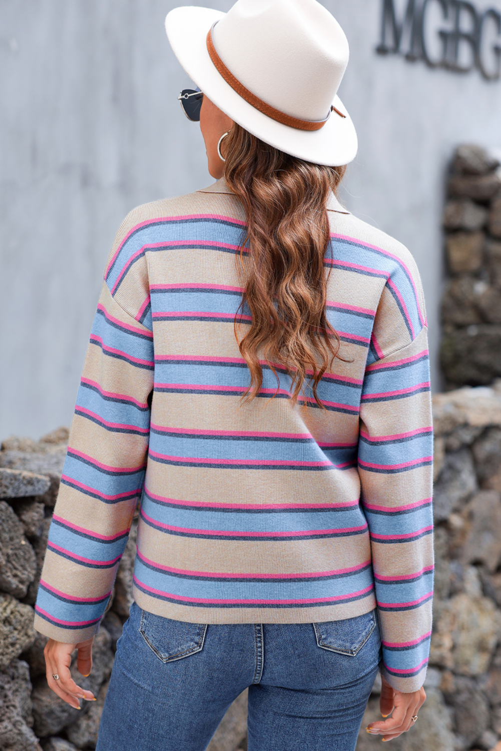 Apricot Stripe Collared V Neck Drop Shoulder Loose Sweater view 7