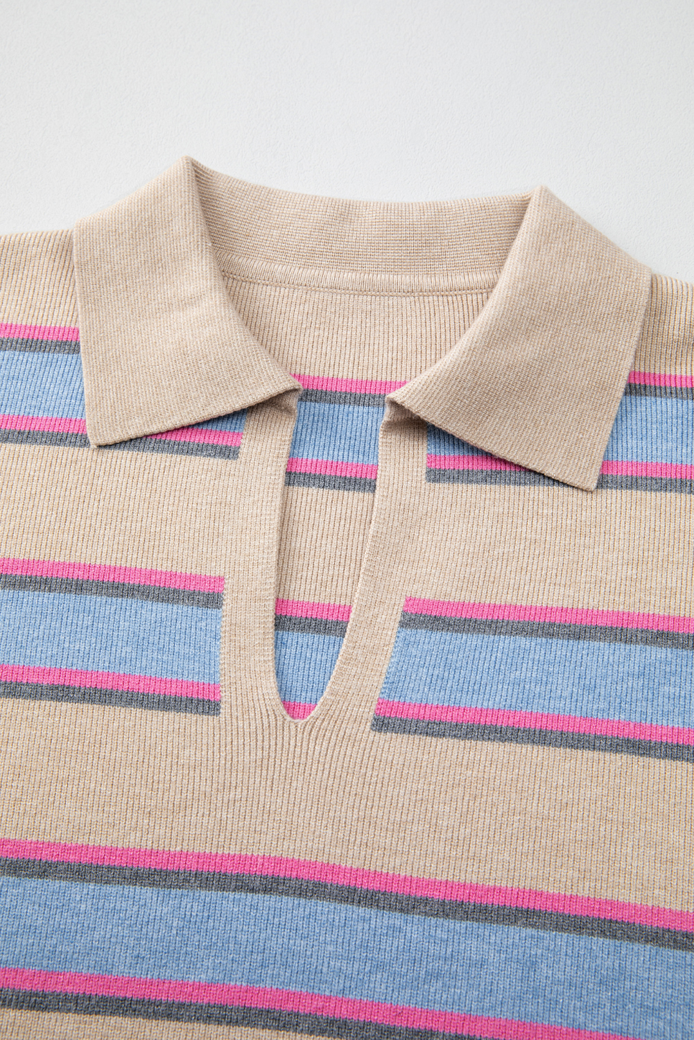 Apricot Stripe Collared V Neck Drop Shoulder Loose Sweater view 17
