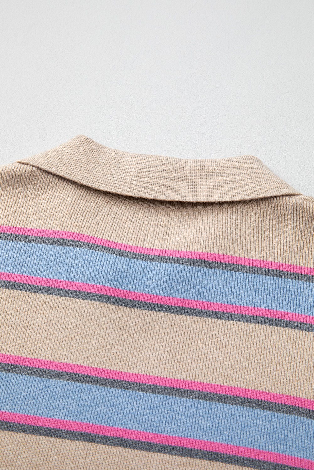 Apricot Stripe Collared V Neck Drop Shoulder Loose Sweater view 19