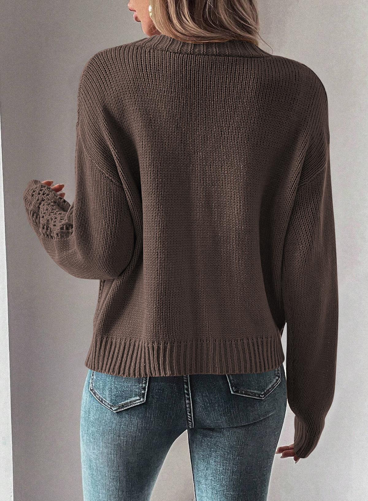 Dark Khaki Open Knit Drop Shoulder Sweater Cardigan view 11