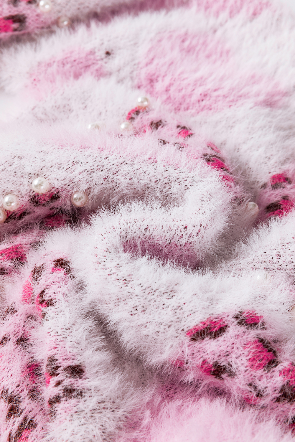 Pink Heart Leopard Print Pearled Ribbed Trim Fuzzy Sweater view 25