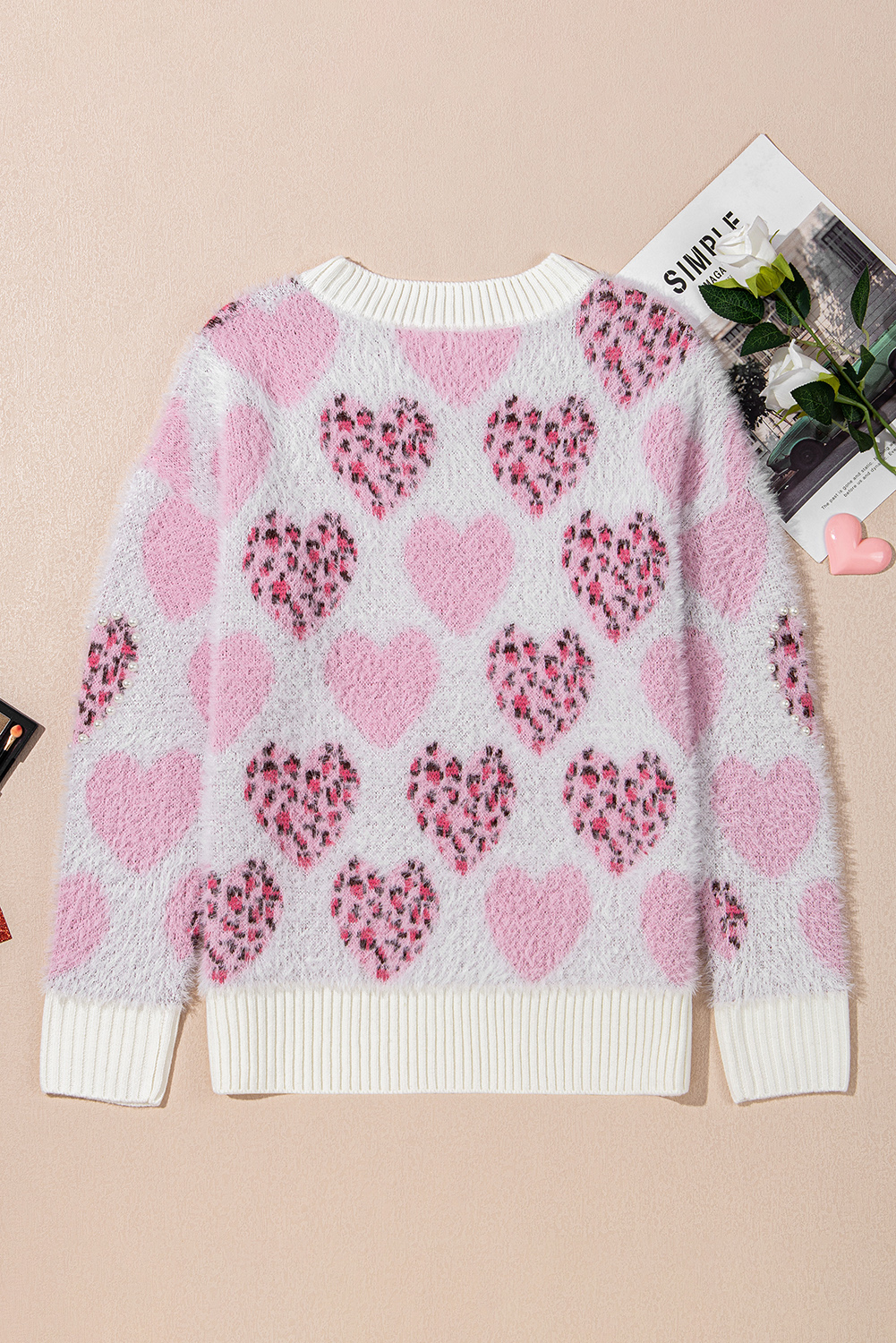 Pink Heart Leopard Print Pearled Ribbed Trim Fuzzy Sweater view 14