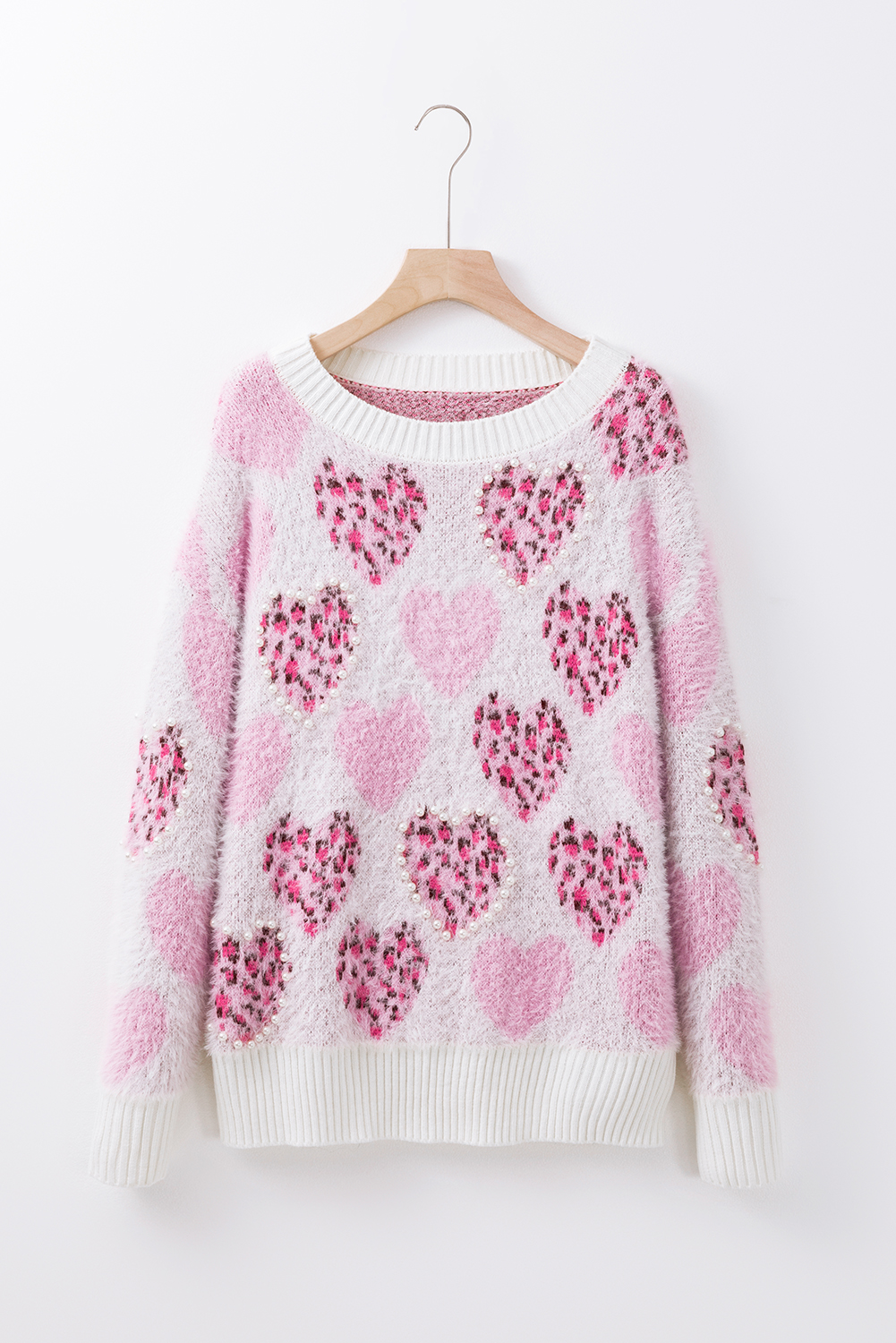 Pink Heart Leopard Print Pearled Ribbed Trim Fuzzy Sweater view 15