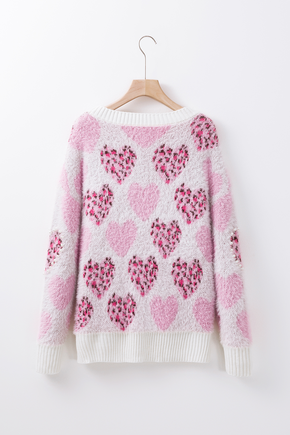 Pink Heart Leopard Print Pearled Ribbed Trim Fuzzy Sweater view 16