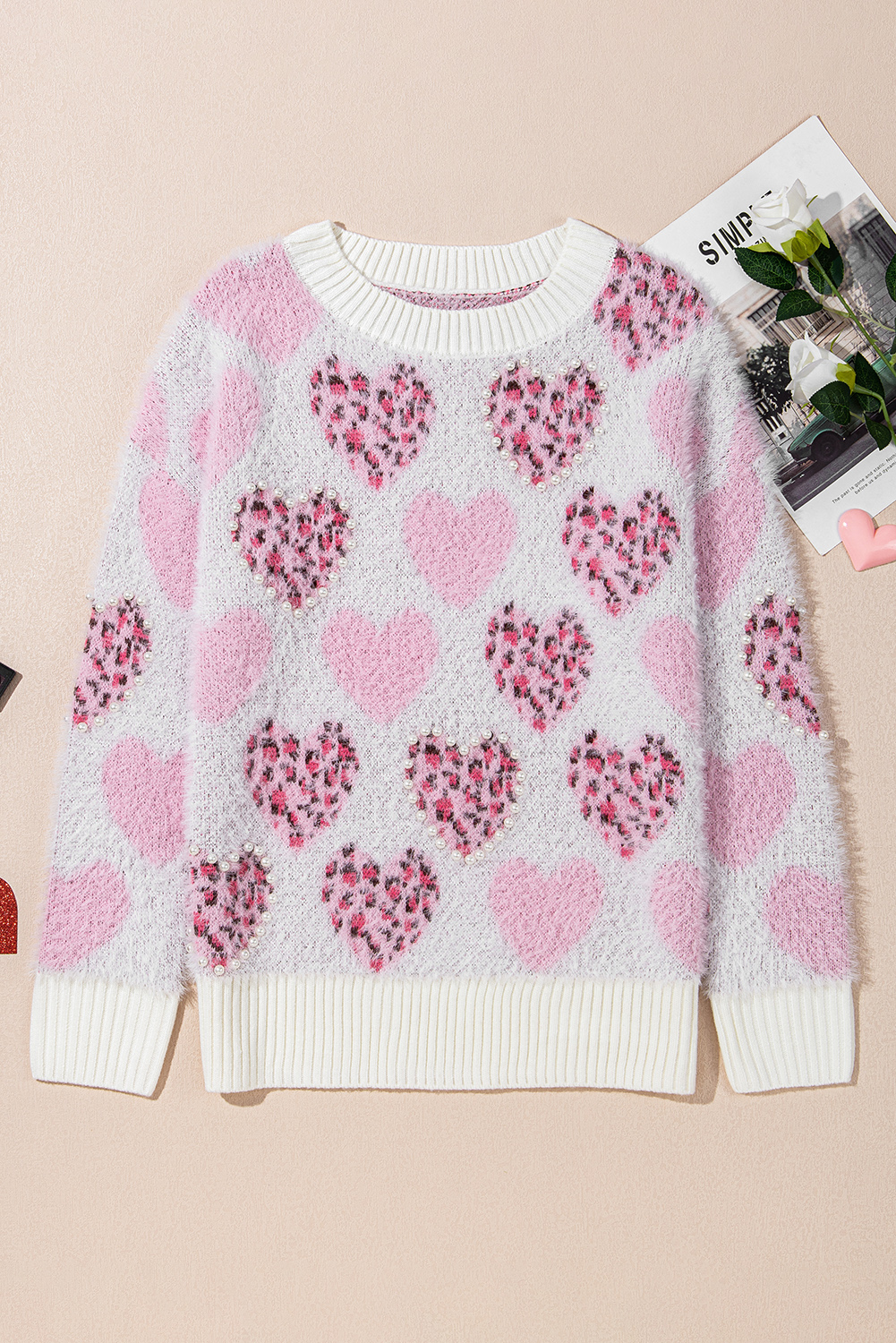 Pink Heart Leopard Print Pearled Ribbed Trim Fuzzy Sweater view 13