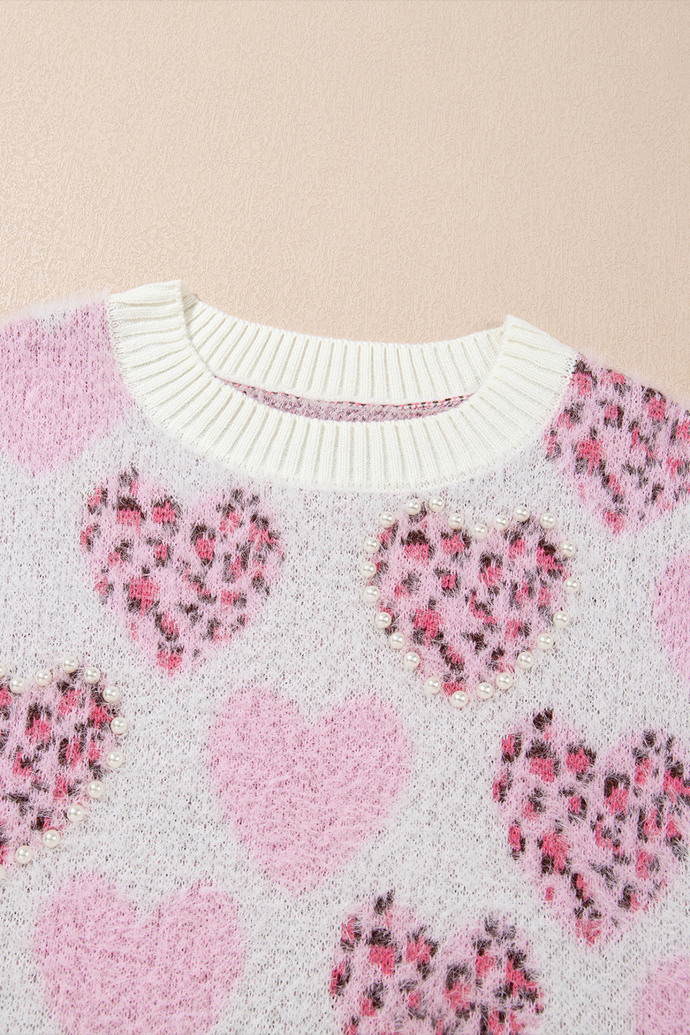 Pink Heart Leopard Print Pearled Ribbed Trim Fuzzy Sweater view 22