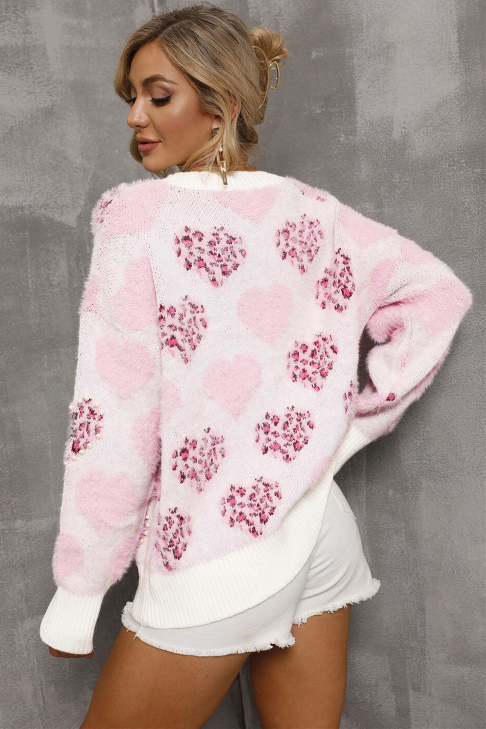 Pink Heart Leopard Print Pearled Ribbed Trim Fuzzy Sweater view 10