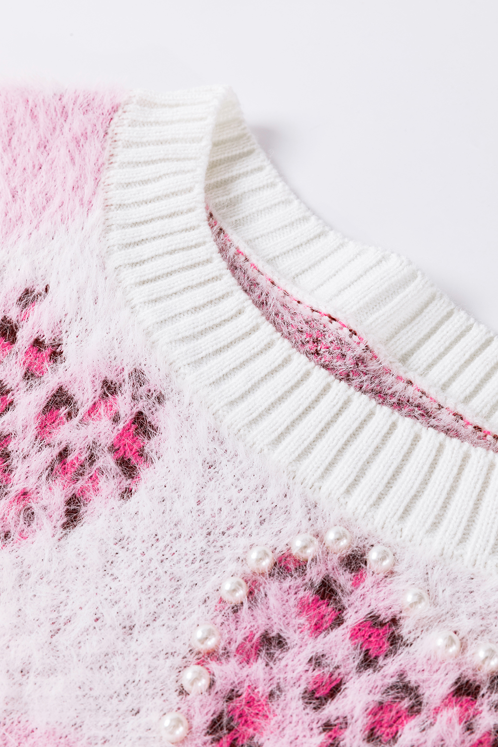 Pink Heart Leopard Print Pearled Ribbed Trim Fuzzy Sweater view 24