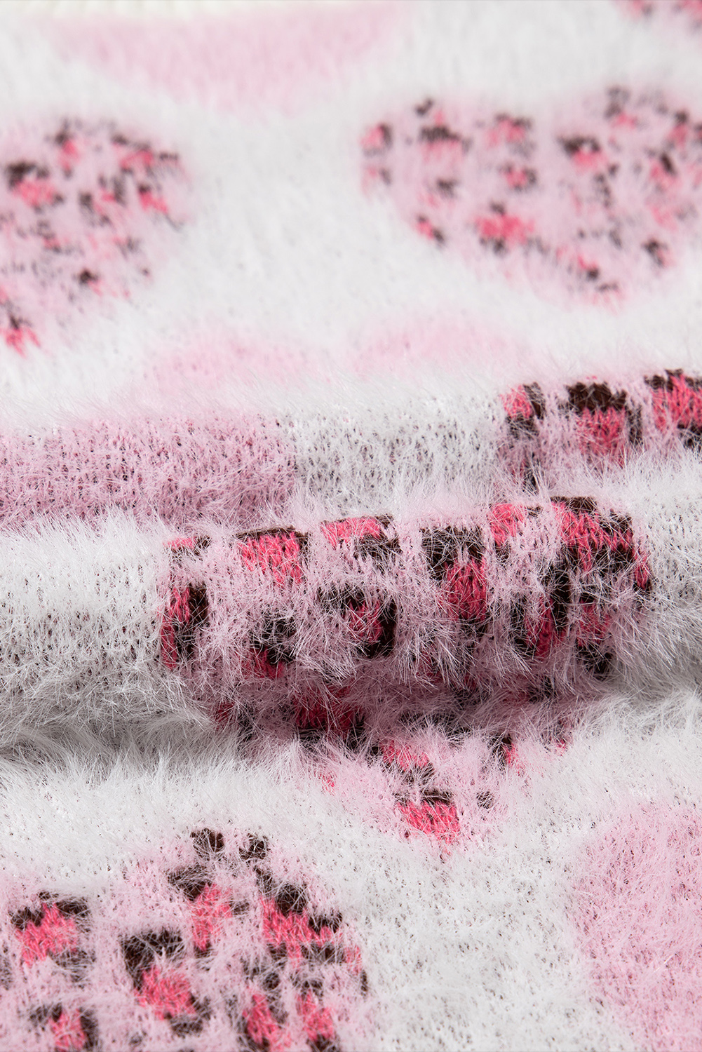 Pink Heart Leopard Print Pearled Ribbed Trim Fuzzy Sweater view 21