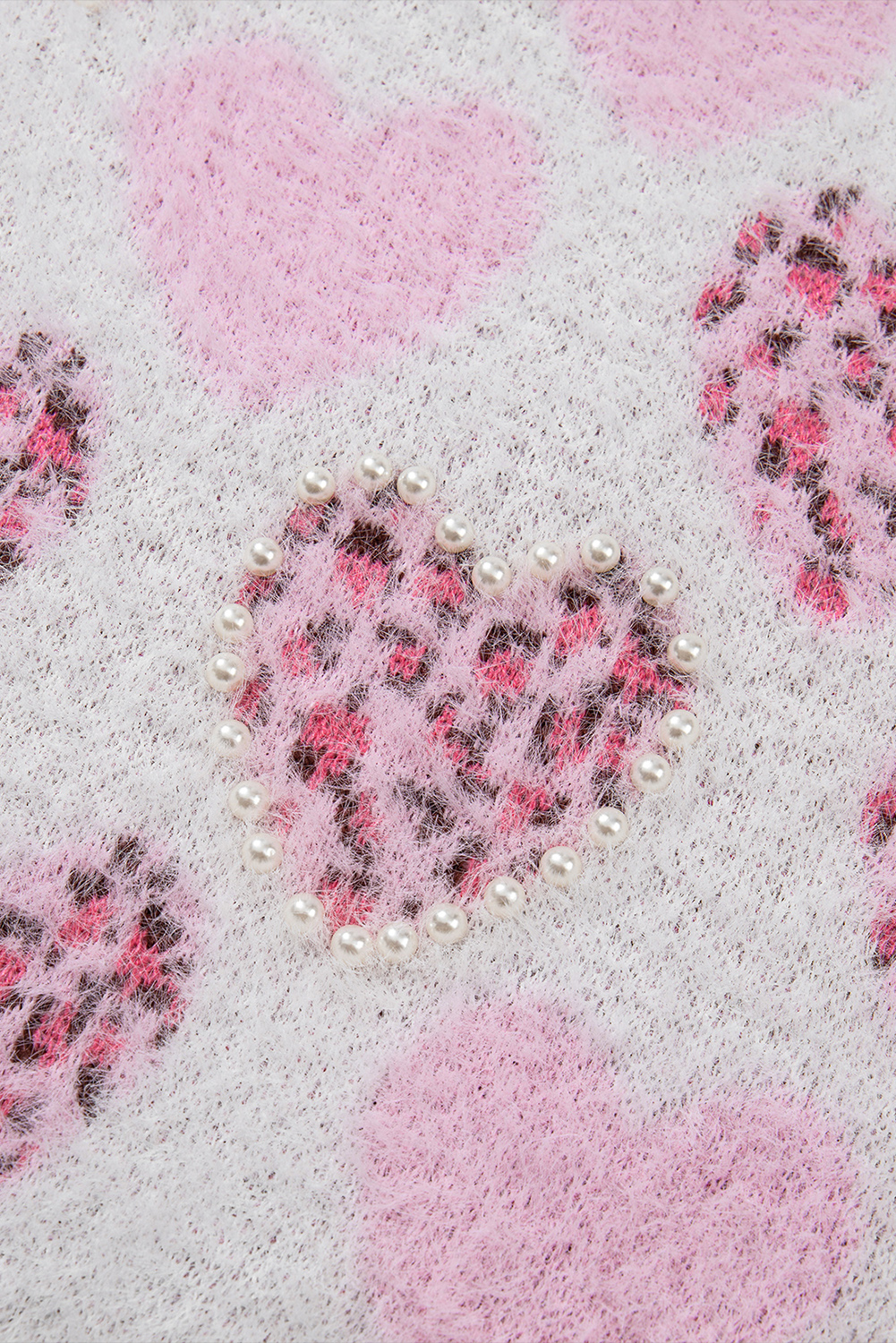 Pink Heart Leopard Print Pearled Ribbed Trim Fuzzy Sweater view 17