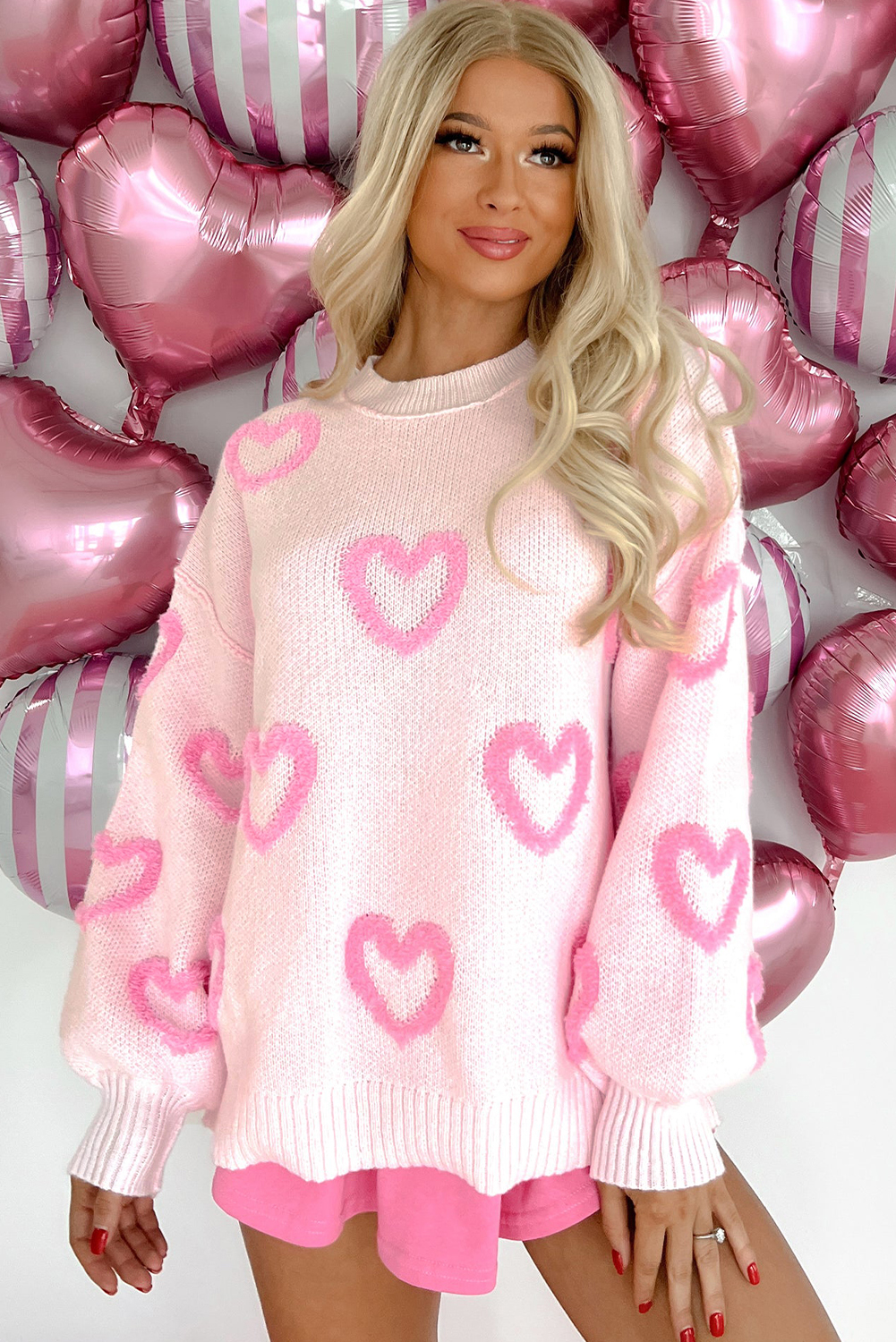 Pink Heart Shape Bubble Sleeve Baggy Sweater view 11