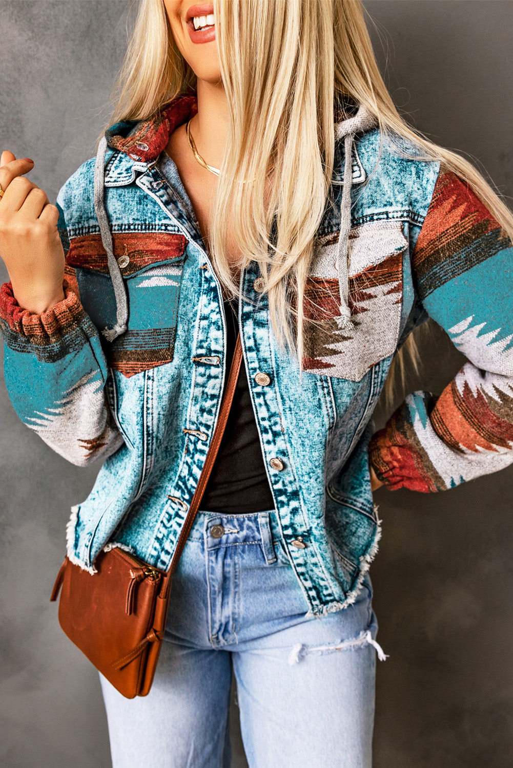 Multicolor Aztec Print Frayed Hem Denim Jacket view 4