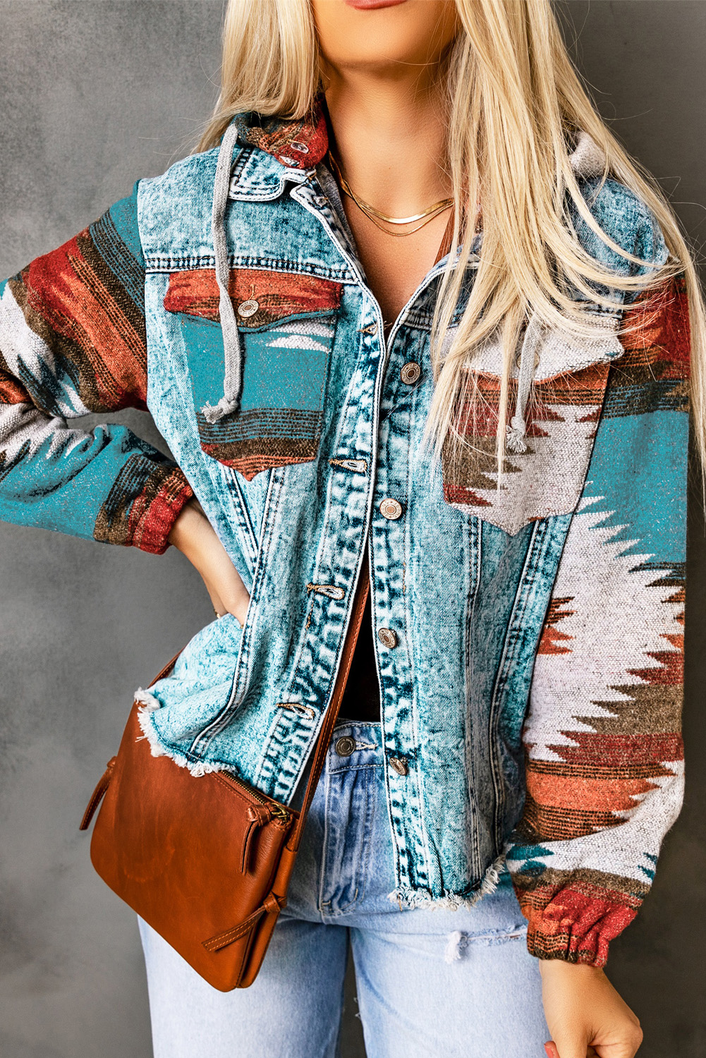 Multicolor Aztec Print Frayed Hem Denim Jacket view 5