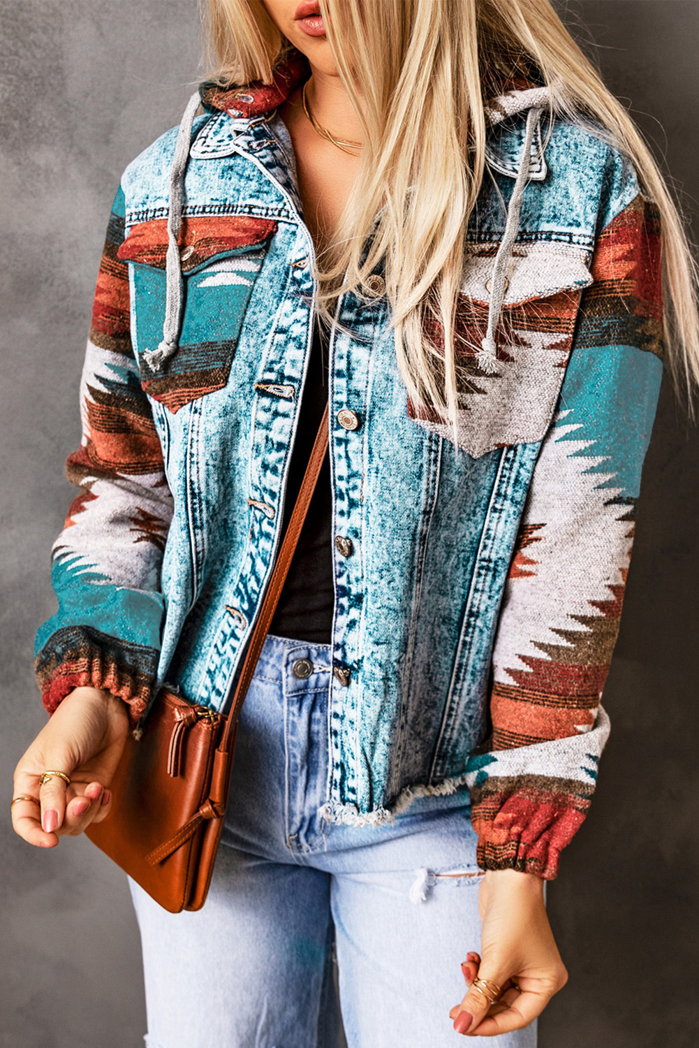 Multicolor Aztec Print Frayed Hem Denim Jacket view 3