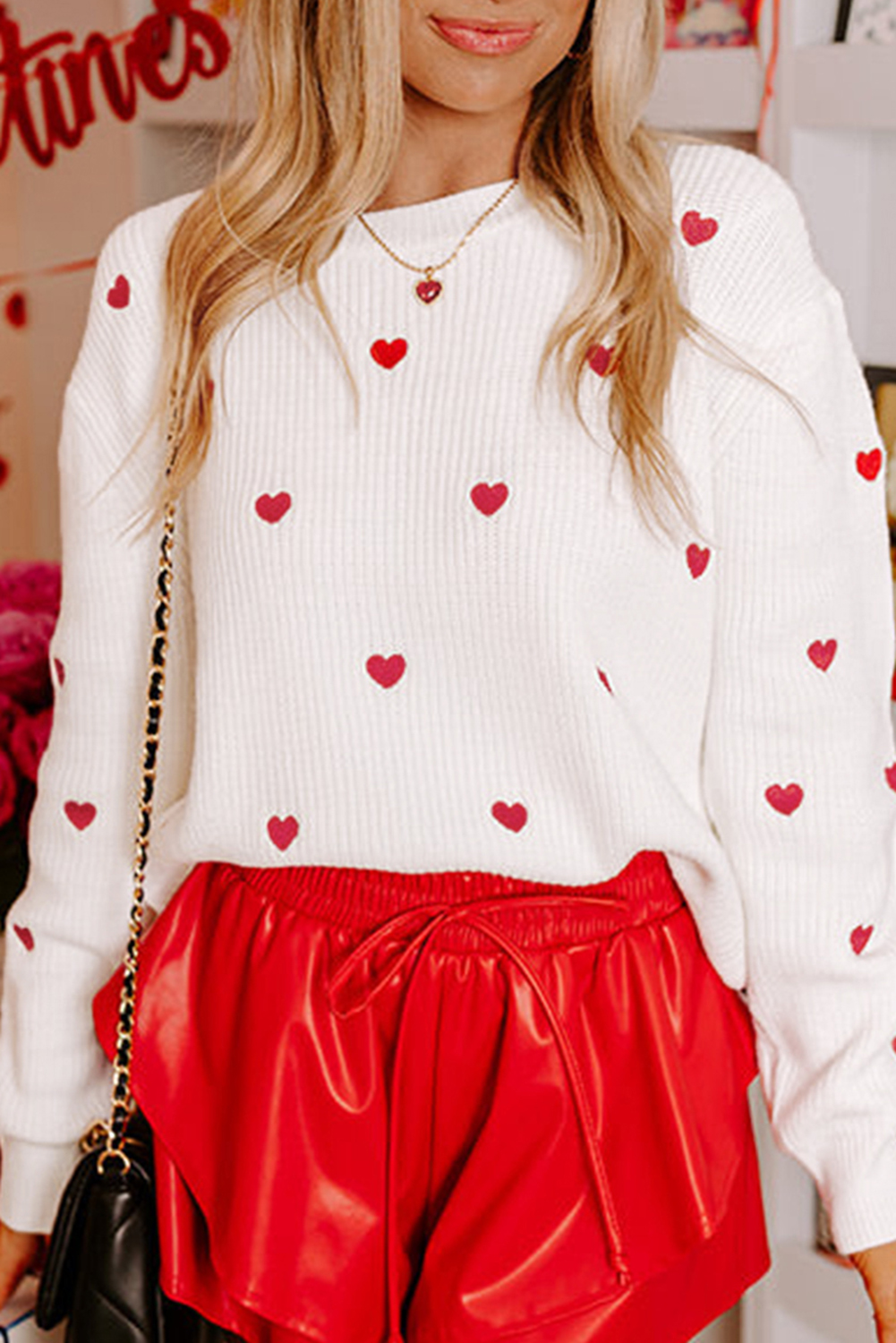 Pearl Detail Heart Round Neck Sweater main image 0