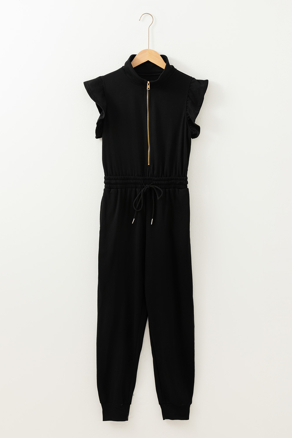 Black Zipper Flutter Sleeve Drawstring Elastic Waistband Jumpsuit view 15