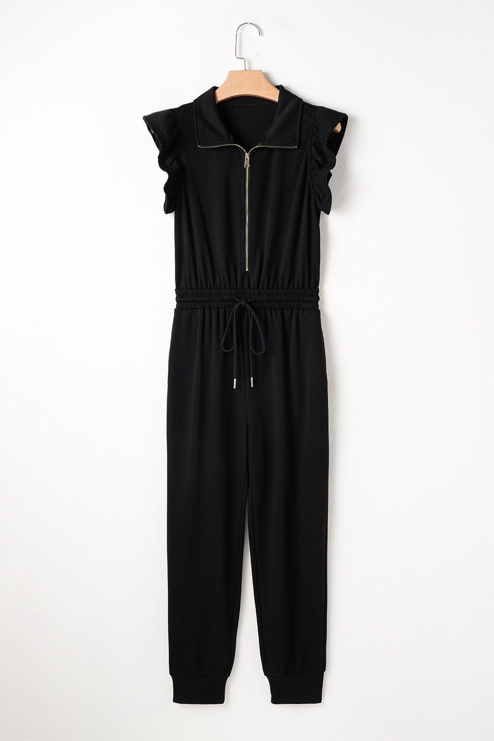 Black Zipper Flutter Sleeve Drawstring Elastic Waistband Jumpsuit view 17