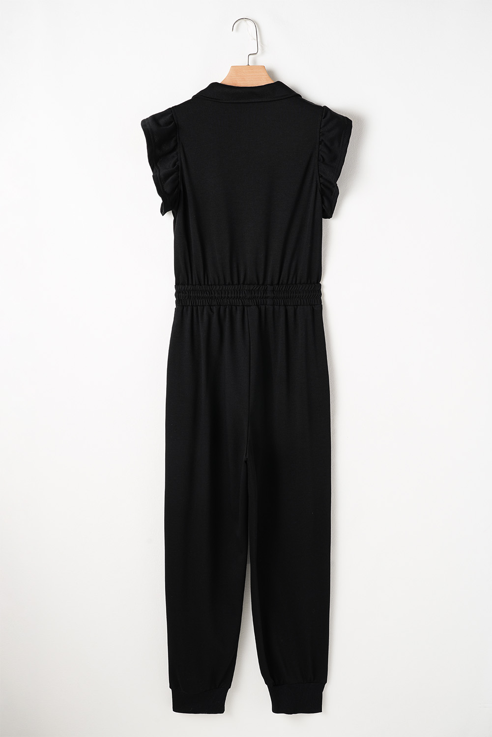 Black Zipper Flutter Sleeve Drawstring Elastic Waistband Jumpsuit view 18