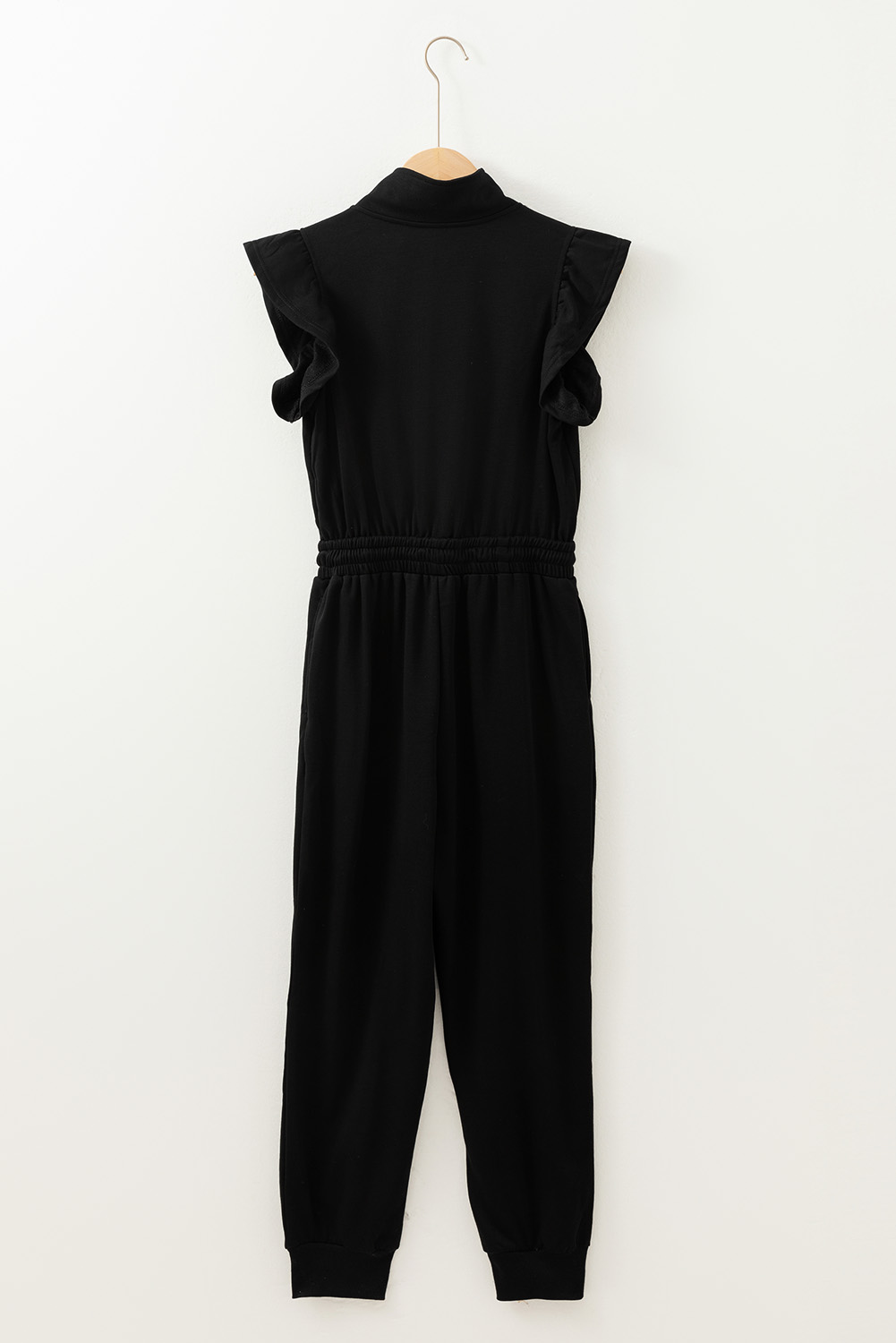 Black Zipper Flutter Sleeve Drawstring Elastic Waistband Jumpsuit view 16