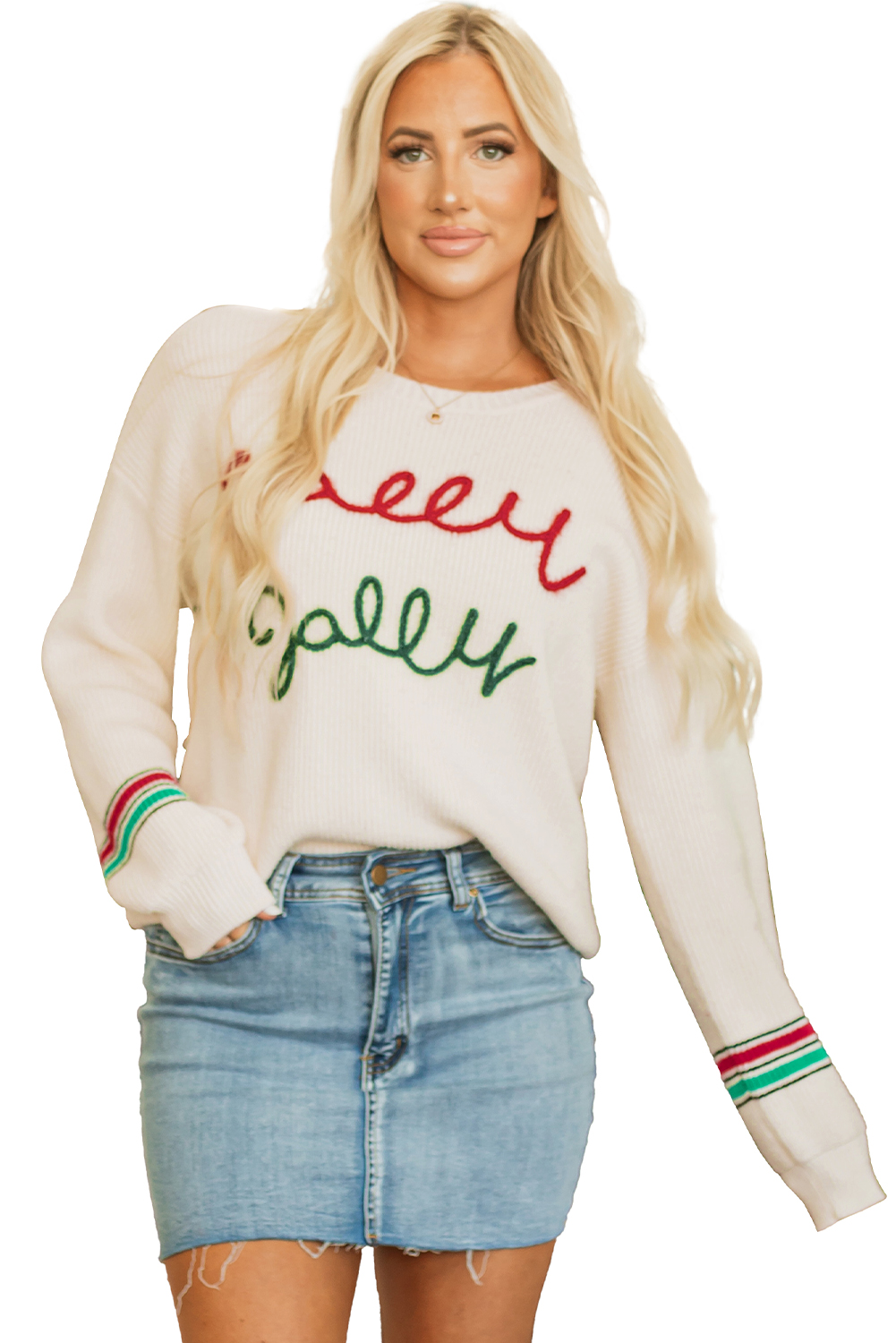 Beige Tinsel Holly Jolly Graphic Classic Sweater view 32