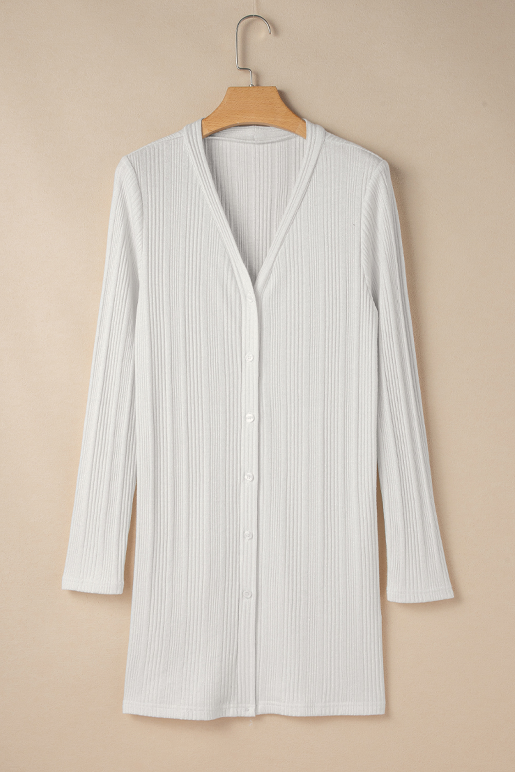 White Solid Color Ribbed Button up Tunic Cardigan view 8
