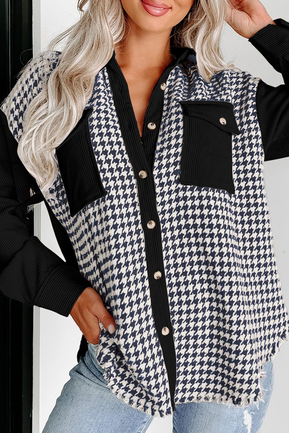 Pink Houndstooth Pocket Front Shacket - Reem