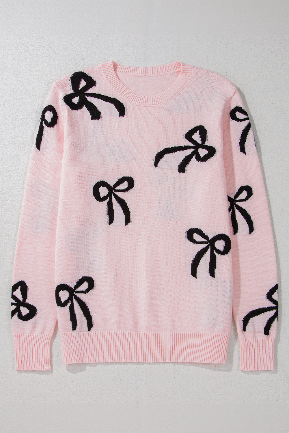 Light Pink Bow Pattern Knitted Loose Fit Sweater
