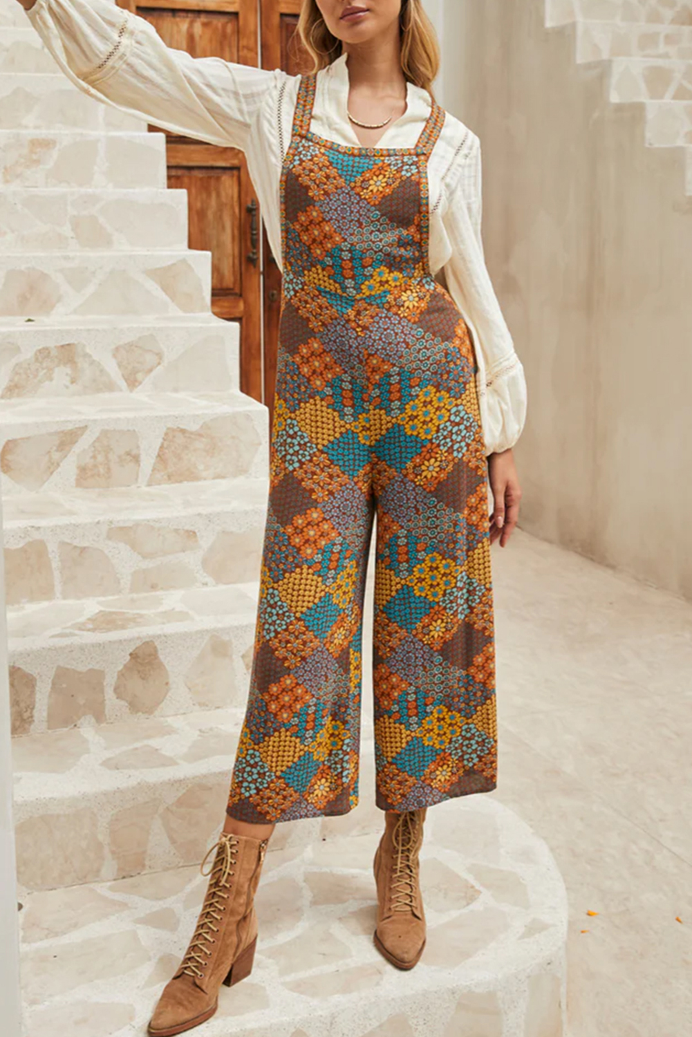 Orange Boho Floral Print Lace-up Straps Tiered Smocked Maxi Dress