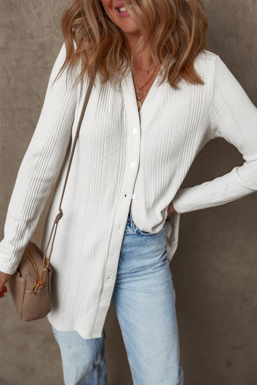 White Solid Color Ribbed Button up Tunic Cardigan view 3