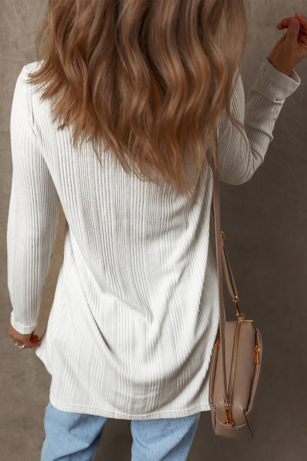 White Solid Color Ribbed Button up Tunic Cardigan view 2